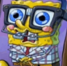 spongebob squarepants is wearing glasses and a plaid shirt and tie .