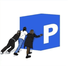 three people pushing a blue cube with a white letter p on it