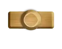 a wooden button with an oval in the middle