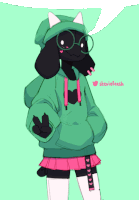 a drawing of a black animal wearing a green hoodie and a pink skirt