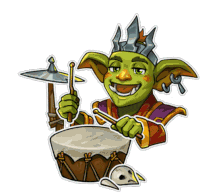 a cartoon of a goblin playing drums with a skull in the background