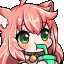 a cartoon girl with pink hair and green eyes is drinking from a green cup .