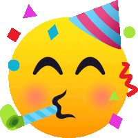 a yellow smiley face wearing a party hat blowing a party horn