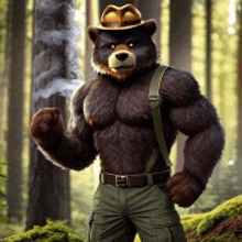 a muscular bear wearing a cowboy hat and suspenders is standing in the woods