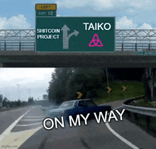 a green highway sign that says left exit 12 and taiko on it