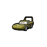 a yellow toy car with a white face is sitting on a white surface .