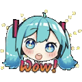 a sticker of hatsune miku with a surprised look on her face and the word wow .