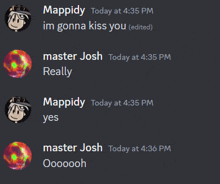 a screenshot of a discord chat between mappidy and master josh