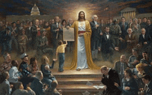 a painting of jesus giving a speech in front of a crowd of people