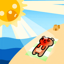 a cartoon drawing of a bear laying on a towel on a beach