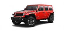 a red jeep wrangler is sitting on a white background .