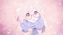 a pink haired anime girl wearing glasses and a scarf is looking up at the sky .