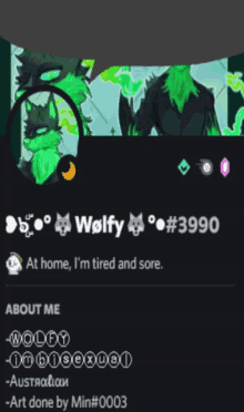 a screenshot of a person 's profile that says wolfy on it