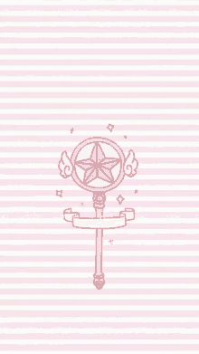 a pink and white striped background with a cartoon drawing of a magic wand with wings and a star on it .