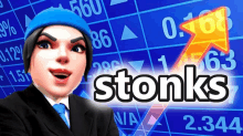 a woman in a suit and tie stands in front of a screen that says stonks