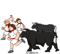 a cartoon of a group of people running behind a herd of bulls with the watermark txkiko.es