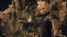 a video game character named cloud strife is standing in a rocky area