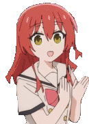 a girl with red hair and yellow eyes is wearing a school uniform and making a funny face .