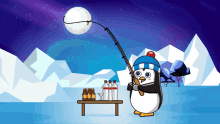 a penguin is holding a fishing rod in front of a table with bottles of soda and a martini glass