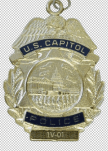 a gold u.s. capitol police badge with a picture of the capitol building