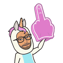 a cartoon of a man in a unicorn costume holding up a pink middle finger