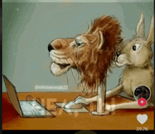 a cartoon of a lion and a rabbit looking at a laptop computer