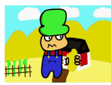 a cartoon character is holding a corn on the cob in front of a barn .