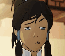 a close up of a cartoon character 's face with a serious look on her face