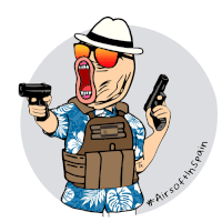 a cartoon of a man in a hawaiian shirt holding two guns with the hashtag #airsoftinspain