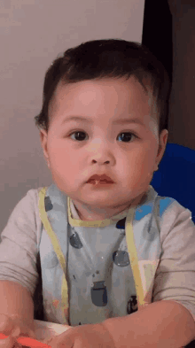 a baby with a bib on looks at the camera with a spoon in his mouth