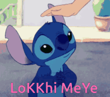 a cartoon of stitch with the words lokkhi meye written below it