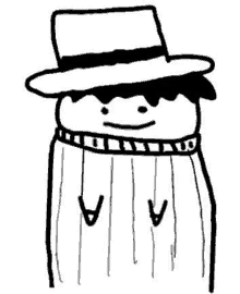 a black and white drawing of a person wearing a hat and a striped sweater .