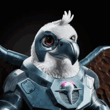 a robotic eagle with a purple light coming out of its beak