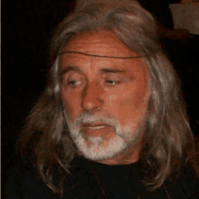 a man with long grey hair and a beard looks at the camera