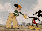 mickey mouse is giving a banana to a man in a cartoon