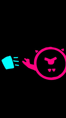 a black background with a pink and blue circle with a face on it