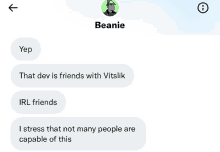 a screenshot of a text conversation between beanie and irl friends