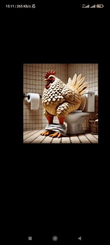 a picture of a chicken sitting on a toilet with the time of 15:11