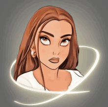 a cartoon drawing of a woman with long brown hair and a white shirt