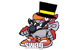 a cartoon character wearing a top hat and sunglasses holding a microphone with the word swag on the bottom