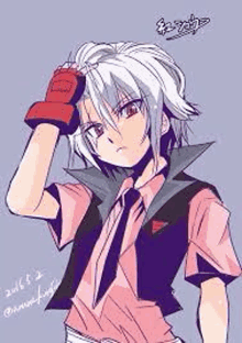 a drawing of a boy with white hair and red gloves .