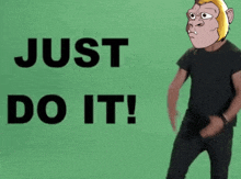 a man is standing in front of a green background that says just do it