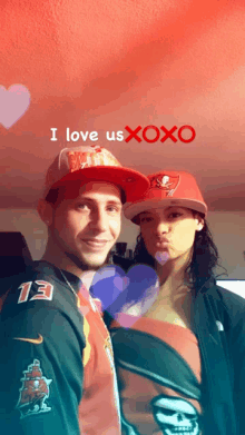 a man and a woman standing next to each other with the words " i love us xoxo " on the bottom