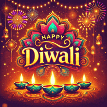 a colorful diwali greeting card with candles and fireworks in the background