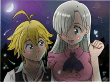 a drawing of meliodas and elza from the seven deadly sins standing next to each other .