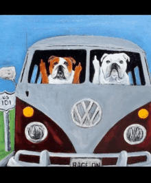 a painting of two dogs giving the middle finger in a vw van