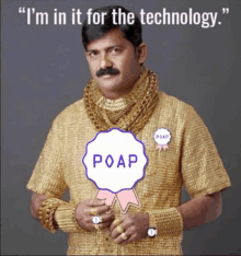 a man in a gold shirt has a badge that says poap on it