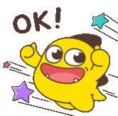 a yellow cartoon character is giving a thumbs up and the word ok is above him .