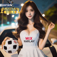 a woman in a white dress is holding a soccer ball and wearing a mix parlay shirt