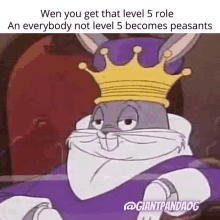 bugs bunny is wearing a crown on his head and sitting on a throne .